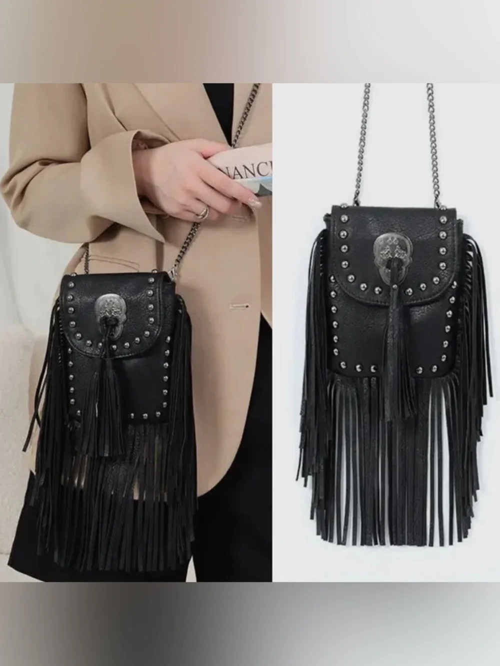 💀 Rockstar Rebel Black Fringe Skull Crossbody Bag Excellent Condition! Festival